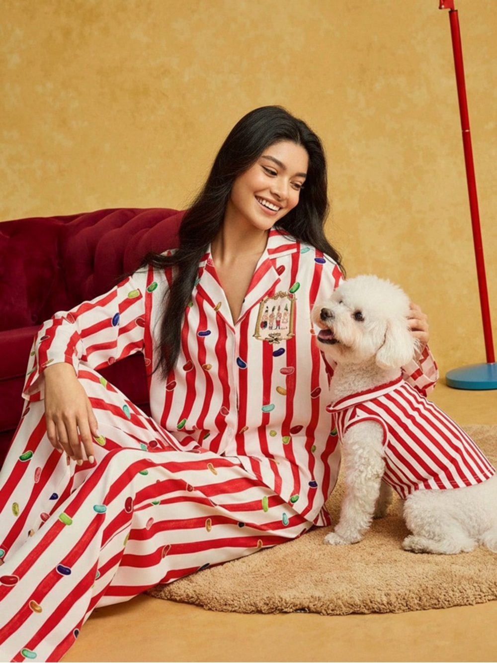 Red & White Striped Pajama Set with Colorful Candy Print